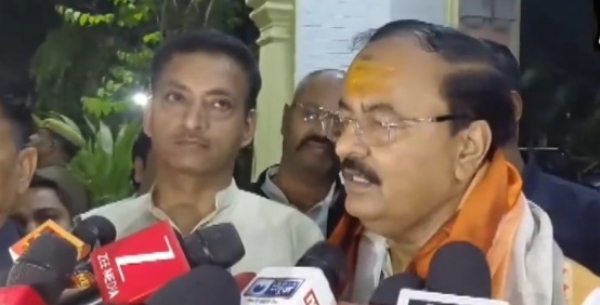 Uttar Pradesh Deputy Chief Minister Keshav Prasad Maurya speaking to reporters