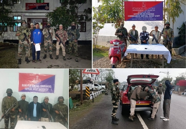 Photo Caption: Security forces with arrested cadres and ongoing search operations in Manipur.
