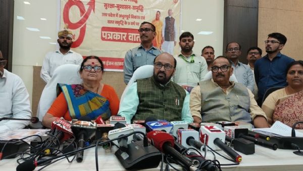 Yogendra Upadhyay addressing a press conference as part of the Nine Years of Uttar Pradesh Reconstruction
