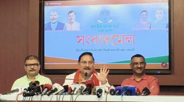 BJP President Dilip Saikia addressing a press conference.