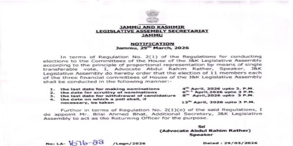 J&K Legislative Assembly Announces Election Schedule for Three Financial Committees