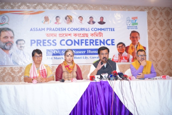 Congress MP Syed Naser Hussain addressing a press conference in Guwahati on Tuesday.