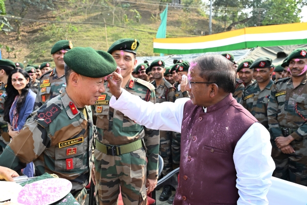 Assam Governor Lakshman Prasad Acharya Celebrating Holi with Assam Rifles Jawans in Silchar.