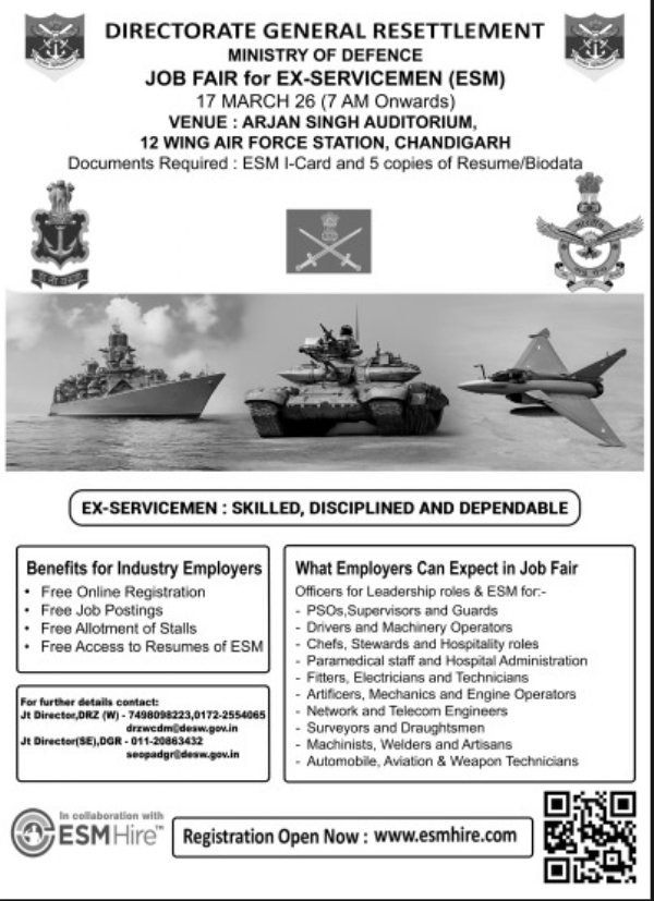 Job Fair for Ex-Servicemen on 17 Mar 2026 at Chandigarh