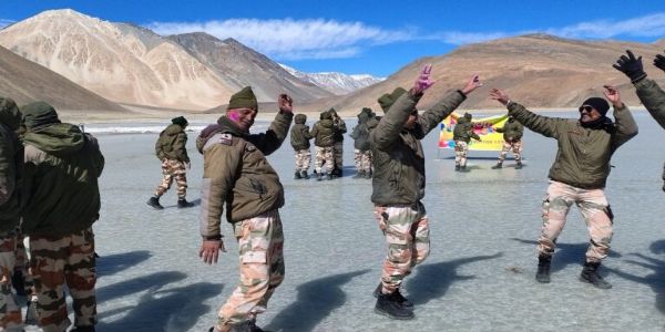 ITBP Troops Celebrate Holi With Villagers At Frozen Pangong Lake In Ladakh