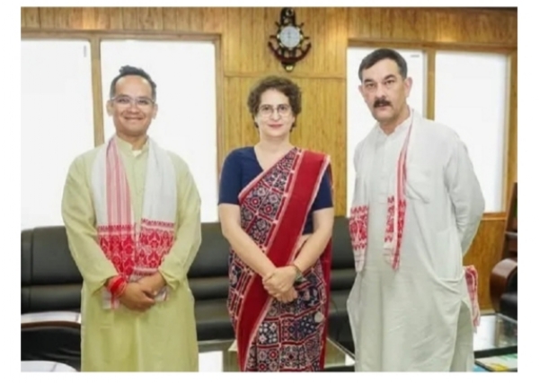 Congress MP Priyanka Gandhi Vadra was being received by Assam Pradesh Congress Committee (APCC) president Gaurav Gogoi and AICC general secretary Jitendra Singh on Dibrugarh Airport on Wednesday.