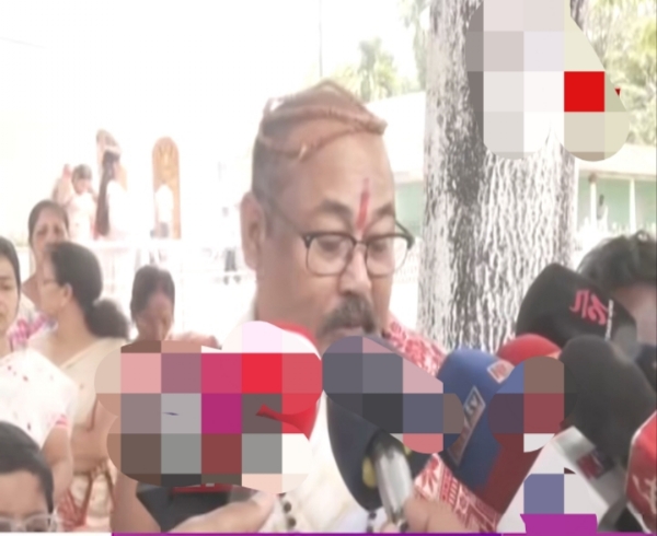 Barpeta Satra astrologer Tridip Sharma Daloi talking to Media on Wednesday.