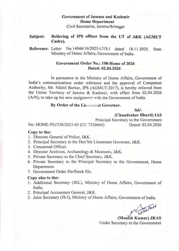 IPS Officer Nikhil Borkar Relieved From J&K; To Join New Assignment With Centre