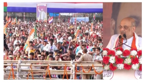 Union Home minister Amit Shah addressing a rally in Kaliabor on Thursday.