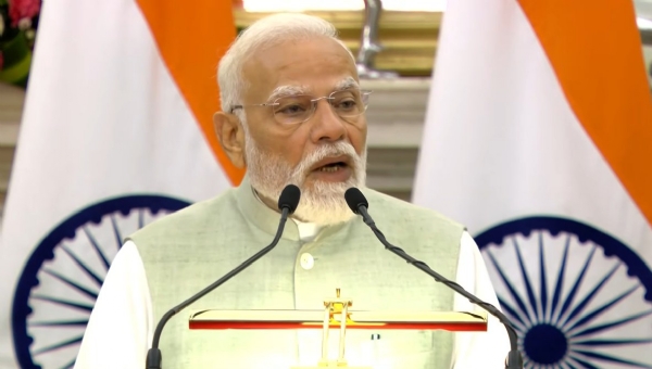 Prime Minister Narendra Modi addresses a press conference on Monday.