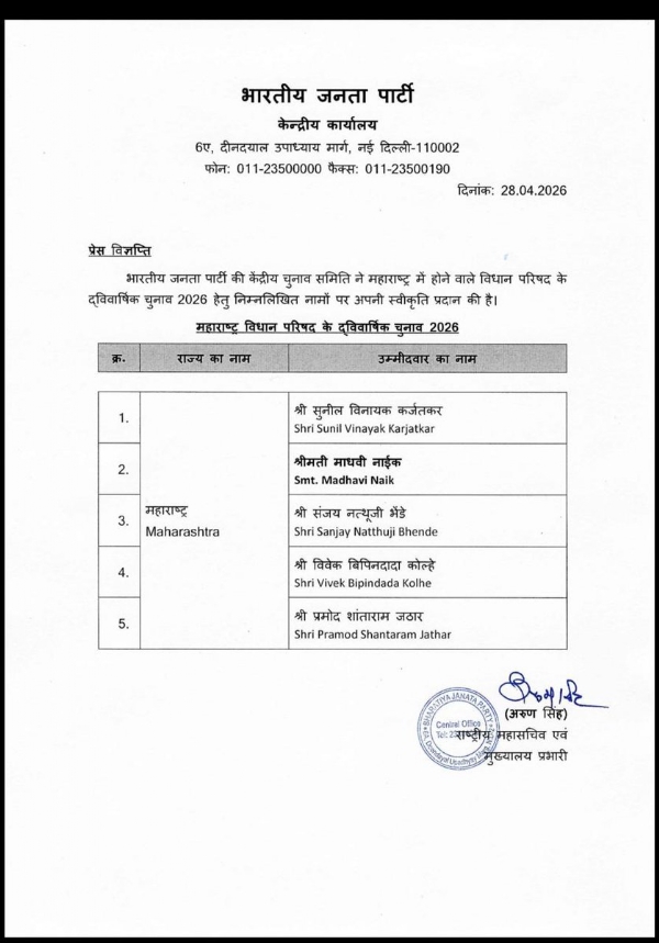 The Bharatiya Janata Party has officially announced its roster of five candidates for the upcoming Legislative Council polls