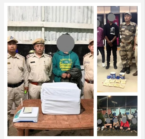 मणिपुर में अलग-अलग कार्रवाइयों में गिरफ्तारी और नशीले पदार्थों की जब्ती व तोड़फोड़ मामले में पांच गिरफ्तारियों की तस्वीरें।