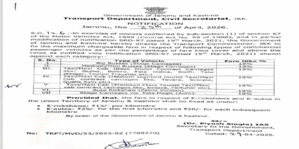 J&K Govt Hikes Passenger Fare For Commercial Vehicles By 18%