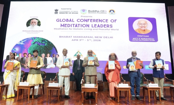 Vice President C.P. Radhakrishnan with other distinguished guests at the ‘Global Conference of Meditation Leaders’ held at Bharat Mandapam in New Delhi. Vice President C.P. Radhakrishnan with other distinguished guests at the ‘Global Conference of Meditation Leaders’ held at Bharat Mandapam in New Delhi.
