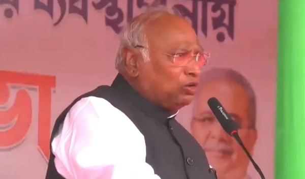 Congress President Mallikarjun Kharge on Monday addressing a massive election rally in Silchar’s Borkhola.