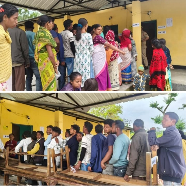 बिश्वनाथ जिले के एक मतदान केंद्र पर लोगों की लंबी कतारें।