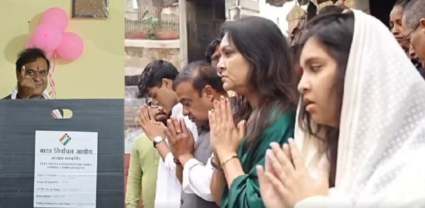 Photo Caption: Assam Chief Minister Himanta Biswa Sarma shows his inked finger after casting his vote in Jalukbari assembly constituency, after offering prayers at Kamakhya Temple with his family.