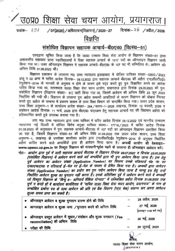 Uttar Pradesh Education Service Selection Commission, Prayagraj, has issued a revised advertisement for 107 Assistant Professor (B.Ed.) posts