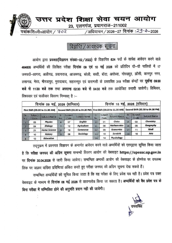 Uttar Pradesh Education Service Selection Commission will conduct a written examination for 624 posts of lecturer