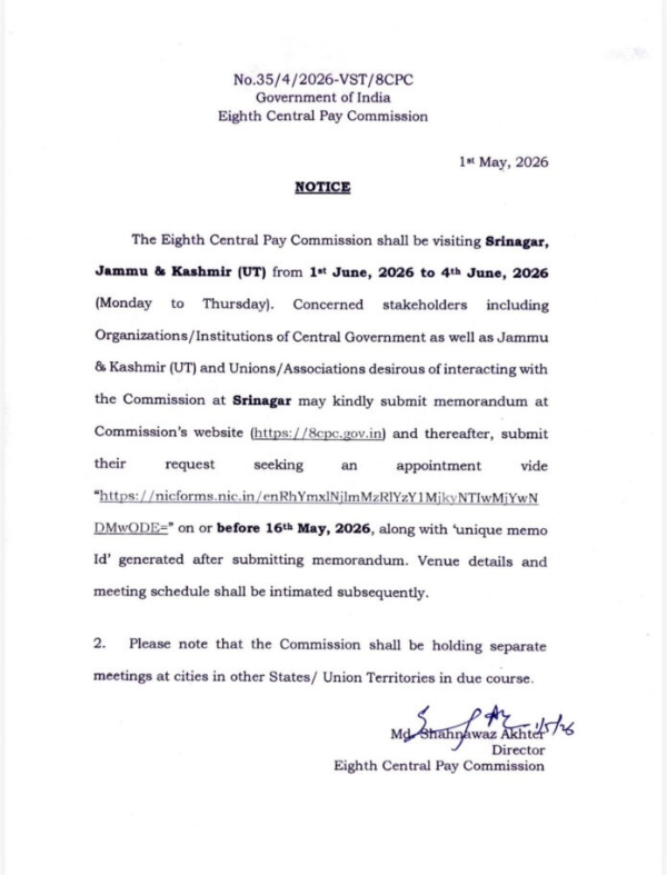 8th Central Pay Commission To Visit Srinagar; Stakeholders Invited For Interaction