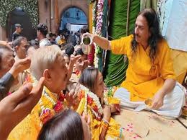 Pramod Tiwari in Vrindavan to worship at the Thakur Banke Bihari shrine.