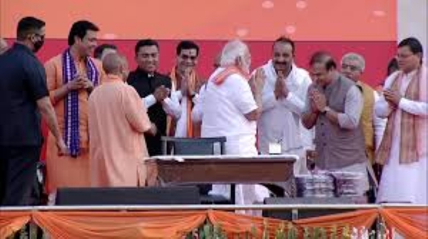 Yogi Adityanath arrives to witness swearing-in ceremony of Himanta Biswa Sarma