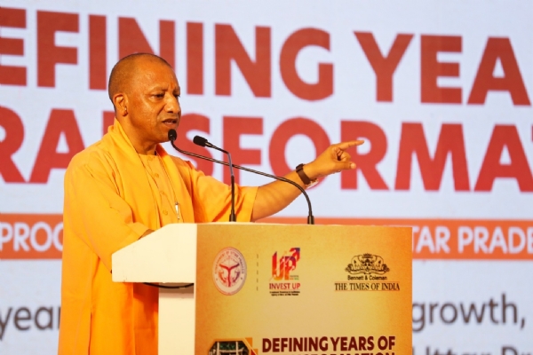 Chief Minister addressing  9 Defining Years of Transforming UP conclave at Hotel Taj