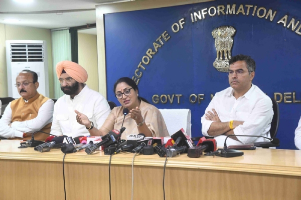 Chief Minister Rekha Gupta addressing a press conference at Delhi Secretariat on Thursday.