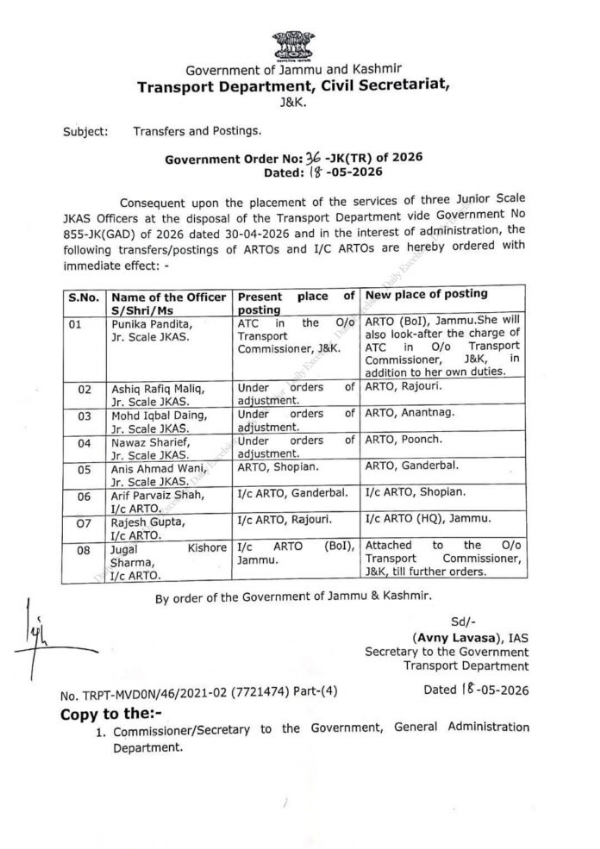 Transport Department Transfers ARTOs, I/C ARTOs In J&K