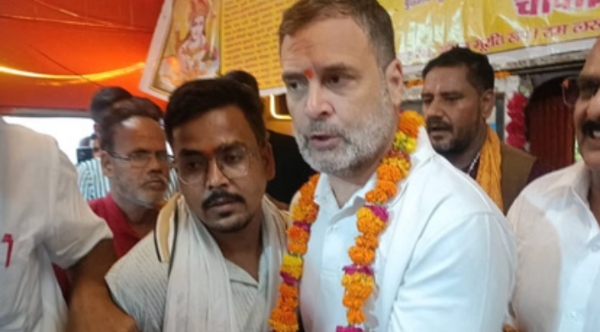 Rahul speaking to journalists in Raebareli on Tuesday