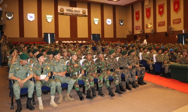 Soldiers arriving to participate in the “Exercise Pragati” military drill at the Umroi Military Station in Meghalaya.