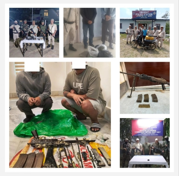 Image of the Seven Arrested Rebels and Seized Arms and Narcotics in Manipur Operations. Image of the Seven Arrested Rebels and Seized Arms and Narcotics in Manipur Operations.