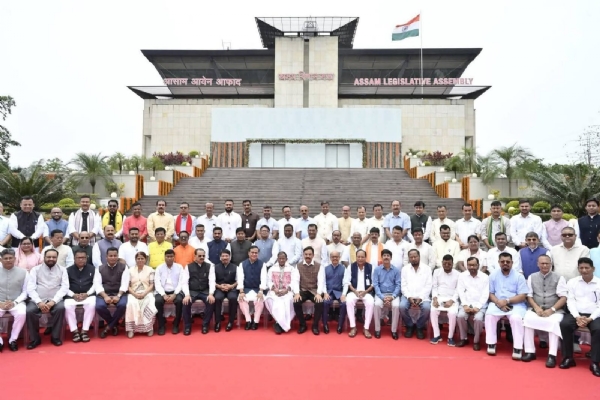 Assam Governor Lakshman Prasad Acharya and Chief Minister Dr Himanta Biswa Sarma posing for a group photograph along with the newly elected legislators inside the Assembly premises on Friday.