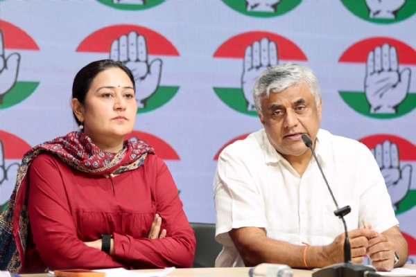 Congress Research Department Chairman Rajeev Gowda and party spokesperson Dolly Sharma address a press conference held at the party headquarters.