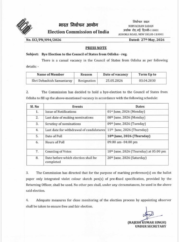 Rajya Sabha Bye-Election Scheduled