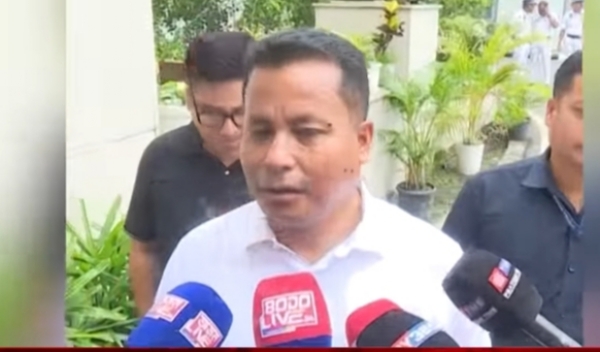 Assam Transport Minister Charan Boro talking to media persons.