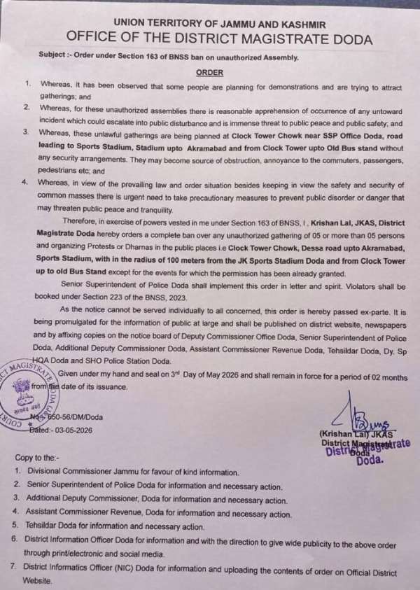 DM Doda Imposes Ban On Large Gatherings To Maintain Public Order