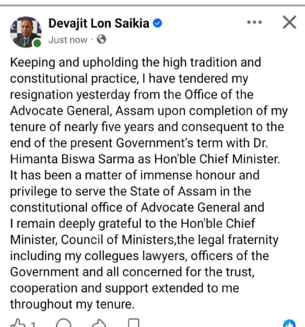 The image shared by Assam Advocate General Devajit Lon Saikia Resigning After Nearly Five-Year Tenure.