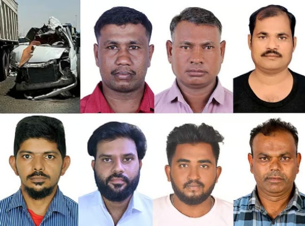 The occupants of the accident-hit vehicle are shown above. In the top row, from left to right: Samuel Rangasamy, Markandeya Chauhan, and Abdul Rashid. In the bottom row, from left to right: Saleem Sayyed, Tirupati Golapalli, Mohammad Saqib, and Abdul Rafiq.