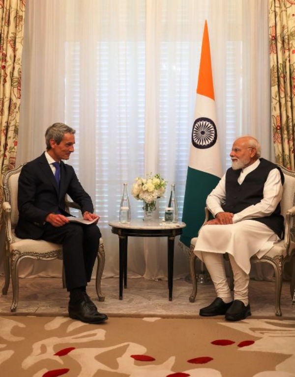 Prime Minister Narendra Modi during a meeting with Saint-Gobain Chairman and CEO Benoit Bazin on Thursday.