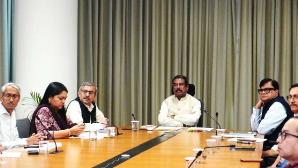 Union Education Minister Dharmendra Pradhan chairs a high-level review meeting to review preparations for the NEET re-examination, on Thursday.