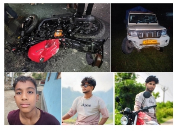 Photo Caption: The damaged motorcycle and DI pickup van involved in the accident, along with photographs of the three youths who lost their lives in the mishap in Assam.