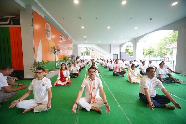Image of the BJP President Dilip Saikia Celebrating 12th International Day of Yoga. Image of the BJP President Dilip Saikia Celebrating 12th International Day of Yoga.