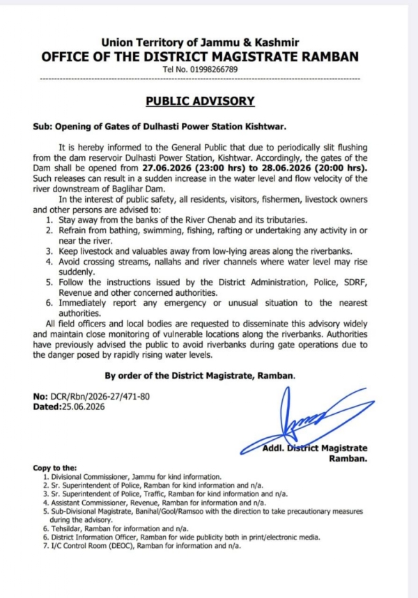Dulhasti Power Project Gates To Remain Open On June 27 & 28 For Periodic Silt Flushing Operations