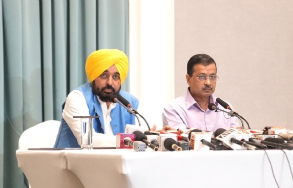 Addressing the media CM Bhagwant Singh Mann and Arvind Kejriwal