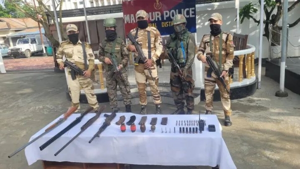 Image of the Arms Cache Recovered and Two Militant Cadres Held in Manipur Operations.