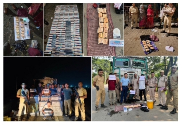 Photo Caption: Seized narcotic substances and arrested drug peddlers from four police station areas of Cachar district, Assam.