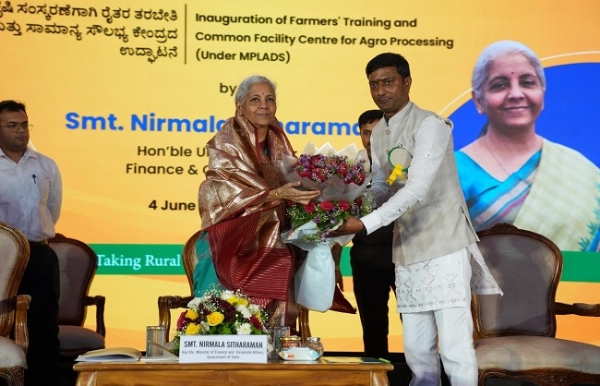 Union Finance Minister Nirmala Sitharaman inaugurates a women-led groundnut processing unit in Yadgir district.