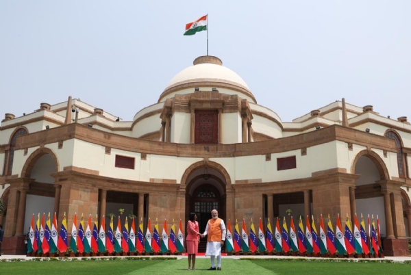 Prime Minister Narendra Modi and Acting President of Venezuela Delcy Rodríguez in New Delhi.