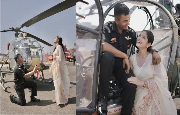 Captain Bharat Bhardwaj proposing to his girlfriend in front of a helicopter.